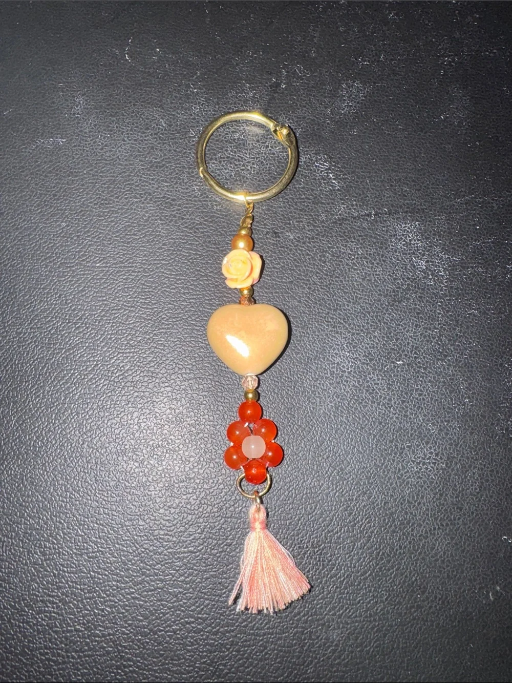 Handmade Gold Ring Heart & Flower Tassel Keychain - Peach and Coral